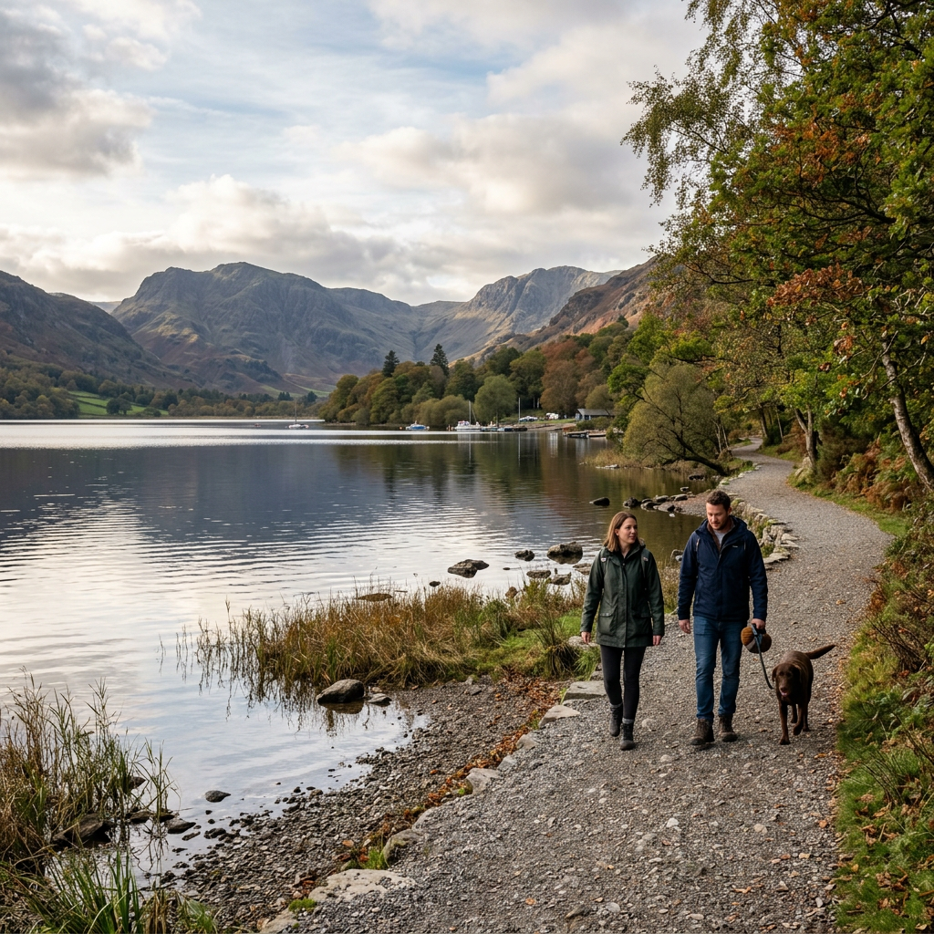 Couple walking a dog on a gravel path by a calm lake with mountains and trees in the background