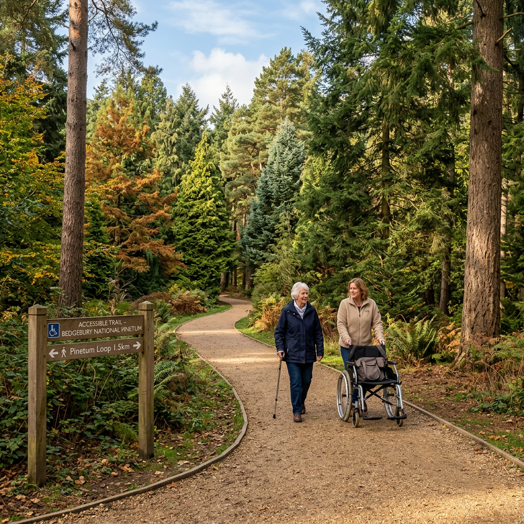 Two women walking on an accessible trail through a forested area with a wheelchair and walking stick