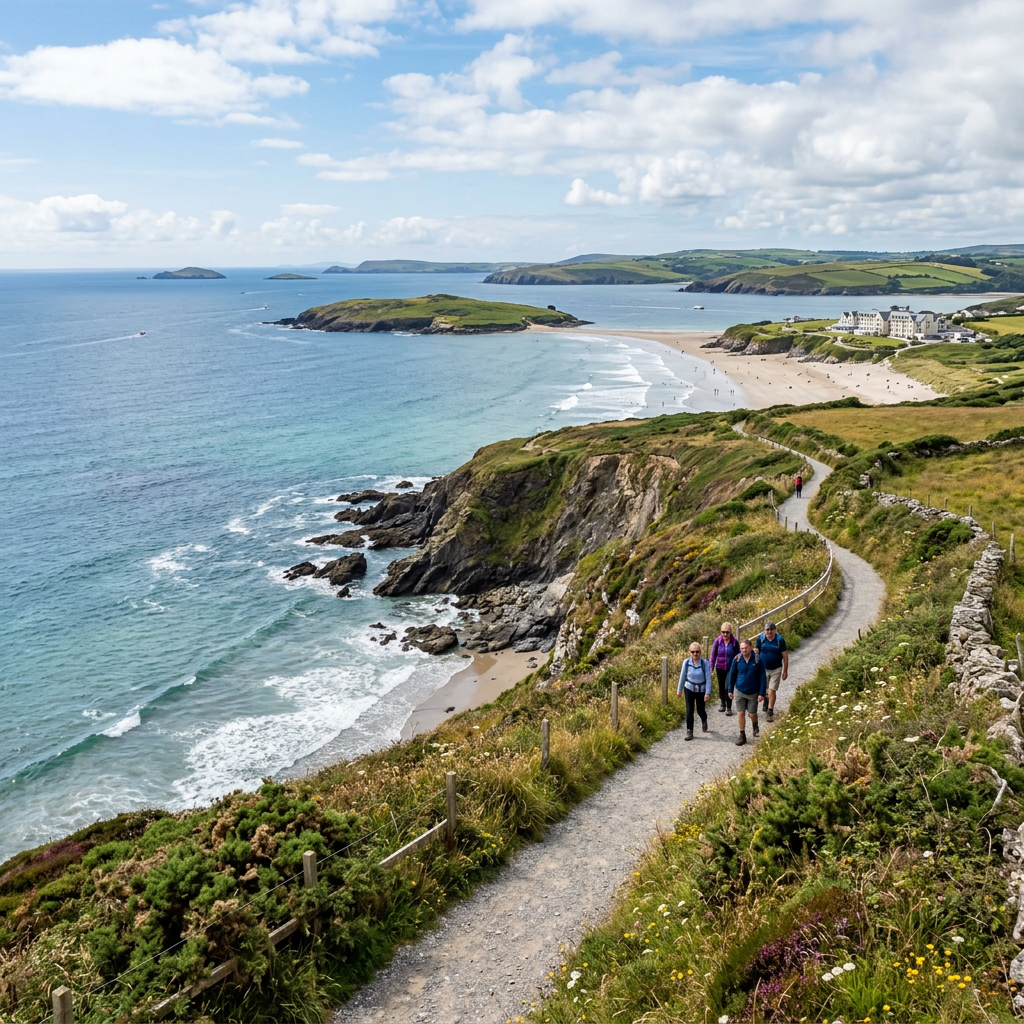 Hikers walking on a winding coastal trail above ocean and beach.