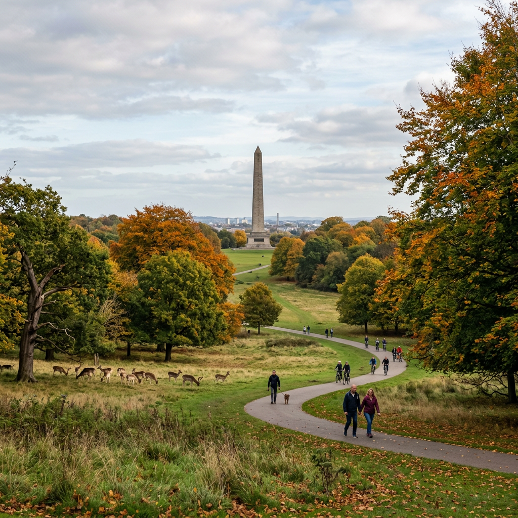 Park path winding through autumn trees with people walking and cycling, and an obelisk monument in the background.