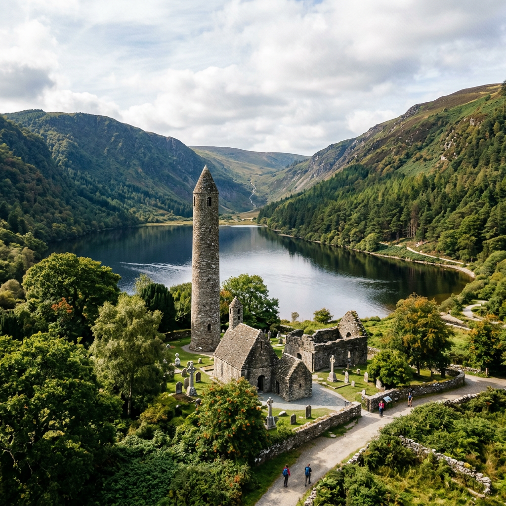 Medieval round tower and church ruins near a calm lake surrounded by green hills