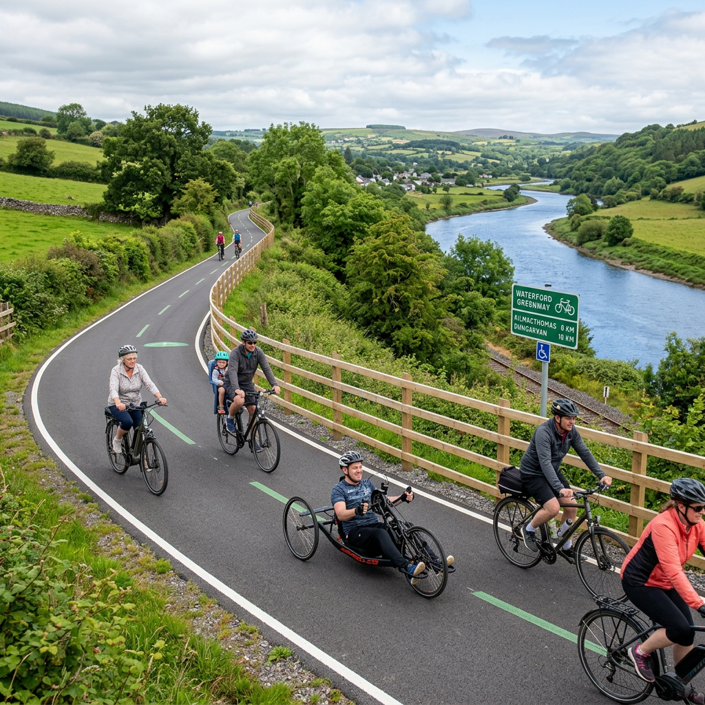 Group of cyclists riding on a paved trail beside a river in a rural landscape