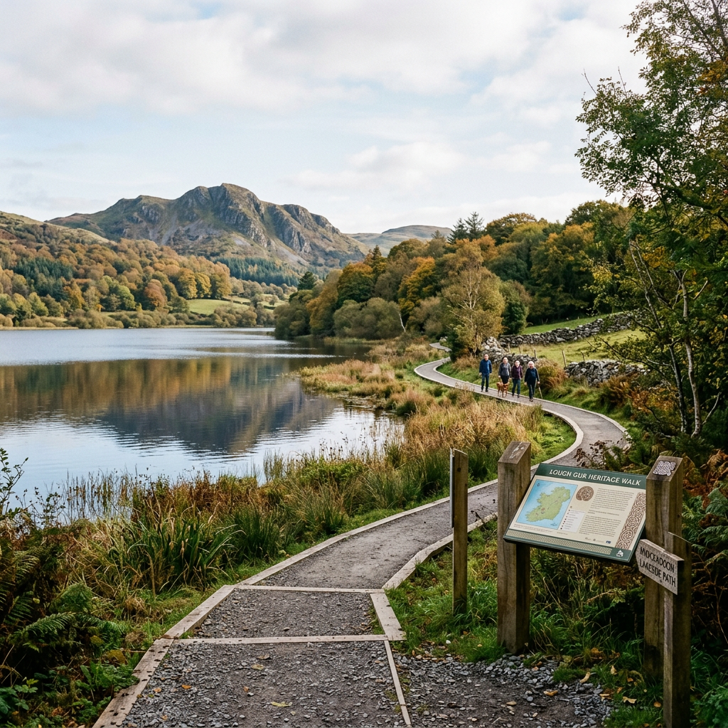 Pathway along Lough Gur lake with family walking and informational sign for Lough Gur Heritage Walk