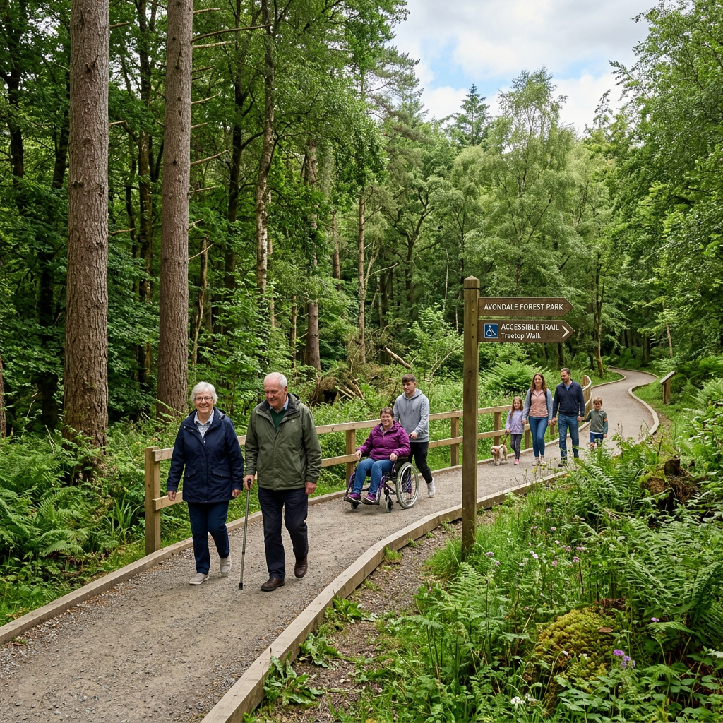 Group of people walking and wheelchair user on accessible trail in forest park