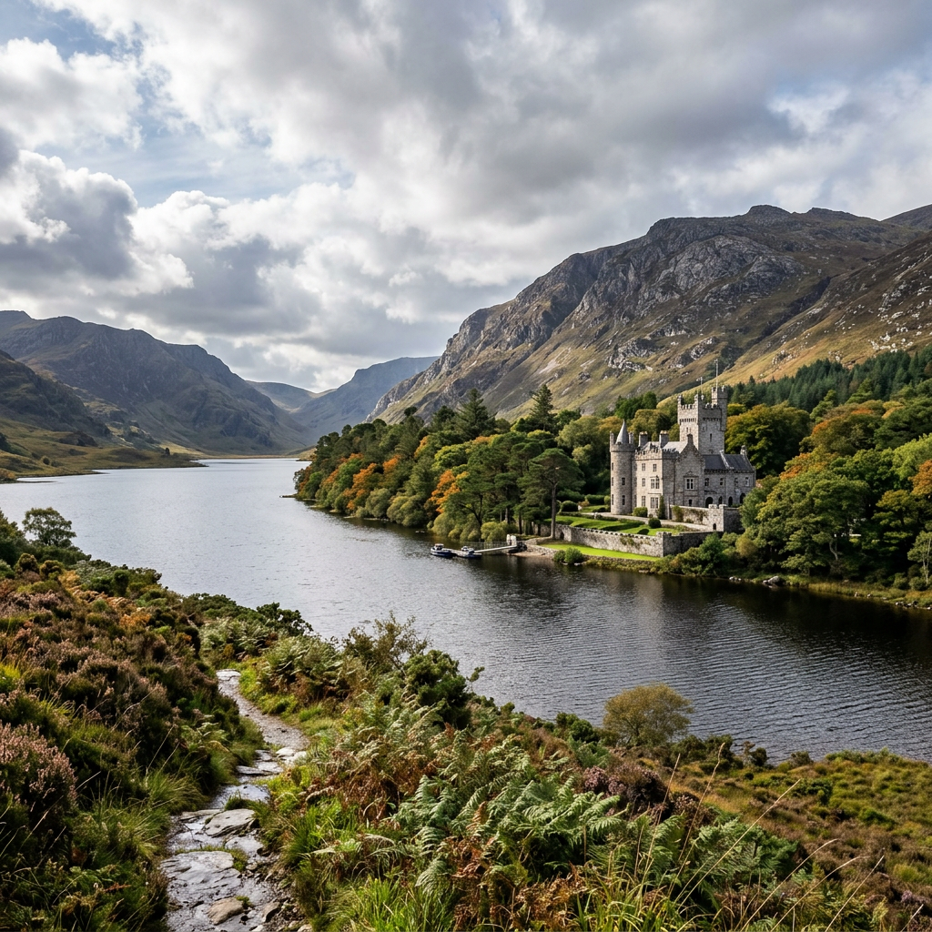 Castle on lakeside with surrounding green and autumn trees, mountains in the background under cloudy sky