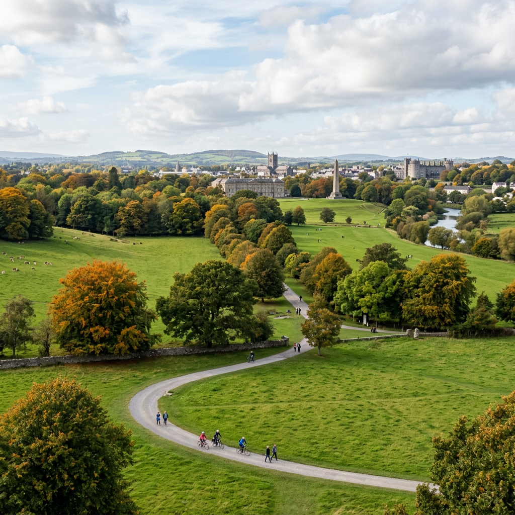 Winding path through green parkland with people walking and cycling, historic buildings and monument in distance
