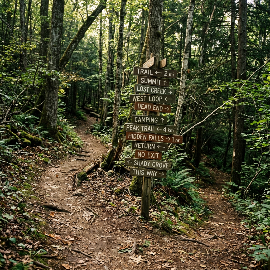 Wooden signpost with hiking directions at a forest trail intersection