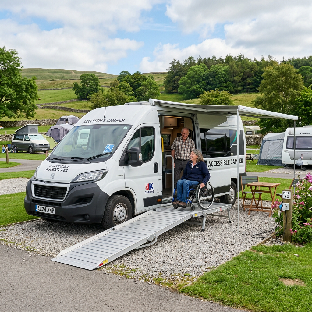 Accessible campervan with ramp and woman in wheelchair exiting