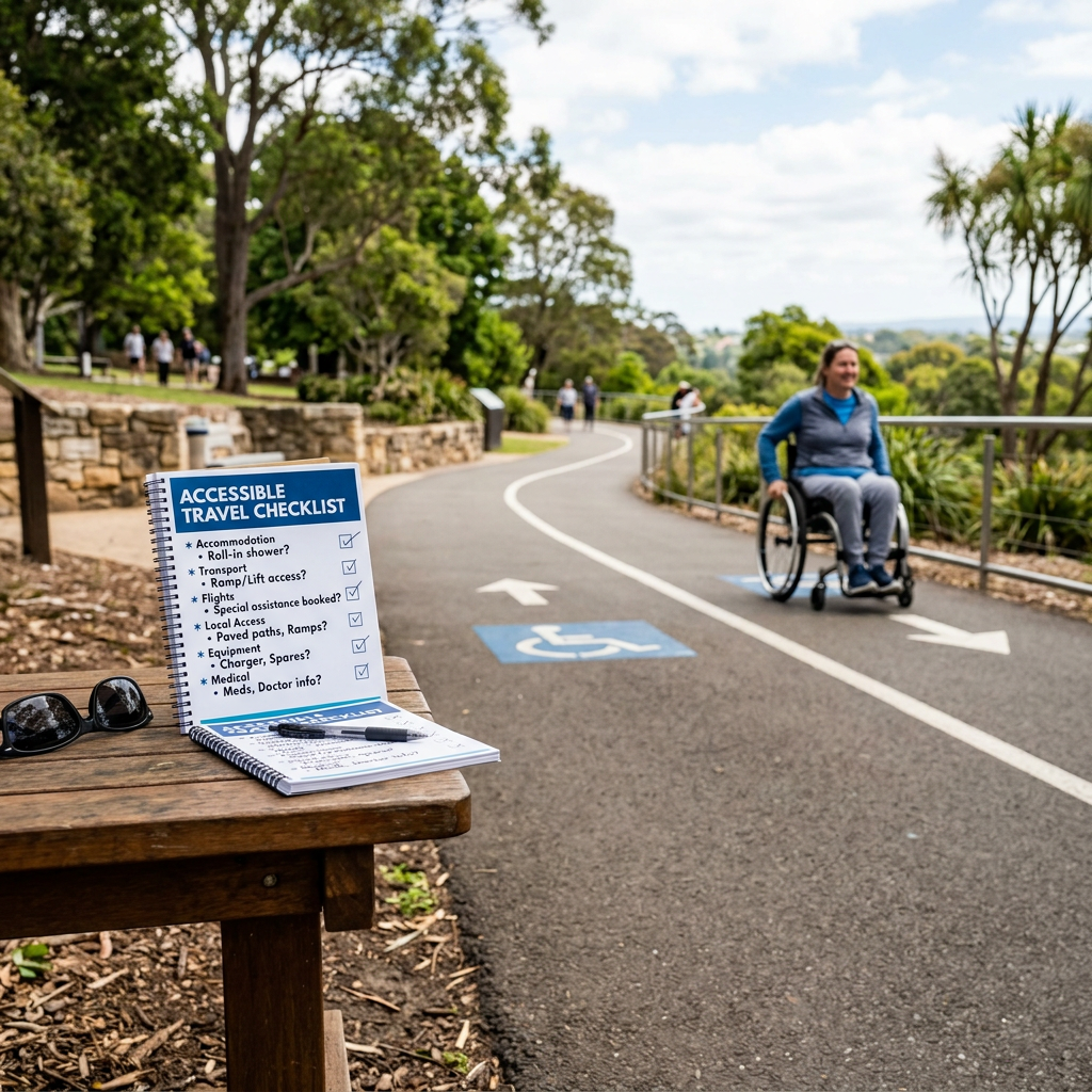Wheelchair user on accessible path next to travel checklist on bench