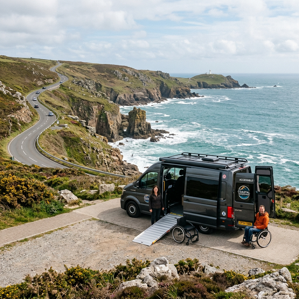 Accessible van with ramp parked by coastal cliffs, showing two people with a wheelchair
