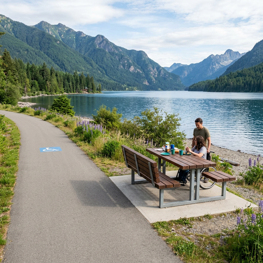 Couple having a picnic beside an accessible lakeside trail and mountains