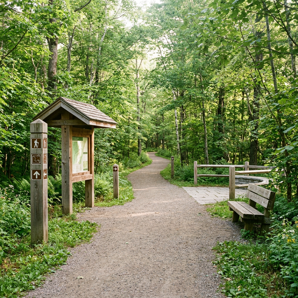 Woodland trail with information kiosk, directional signs, bench, and accessible path